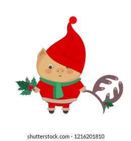 Vector illustration with cute pig-elf. Christmas card. Inviting card. Funny costume party.