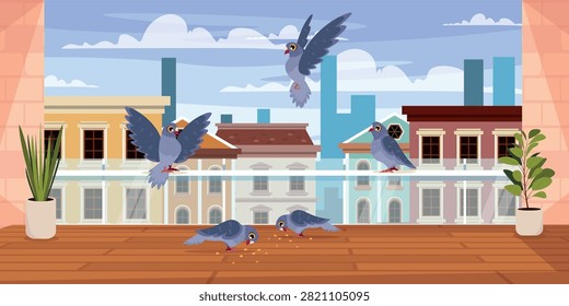 Vector illustration of cute pigeons on the roof of a building. Cartoon scene of a city landscape, pigeons on a terrace with a wooden floor, pecking grain, flower pots, city houses, sky, clouds.
