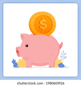 vector illustration of cute piggy bank with dollar bill input. how to save for kids. Vector illustration set isolated on white background and can used for landing pages, websites, posters, mobile apps