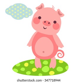 Vektorgrafik von niedlichem Schweinchen auf einer Wiese. Lächelndes Schwein
