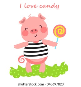 Vector illustration of cute piggy on a meadow with lollipop. I love candy