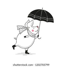 vector illustration of a cute piggy walking under an umbrella in the rain, cartoon design