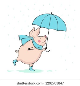 vector illustration of a cute piggy walking under an umbrella in the rain, cartoon design