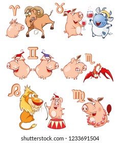 Vector Illustration of a Cute Pigs. Astrological Sign. Cartoon Character.