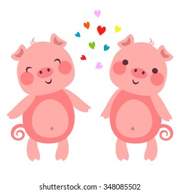 Vector illustration of Cute pigs in love with hearts