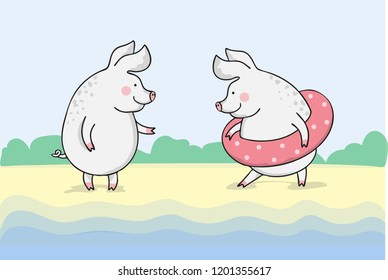 Vector illustration of cute pigs on the beach, cartoon design