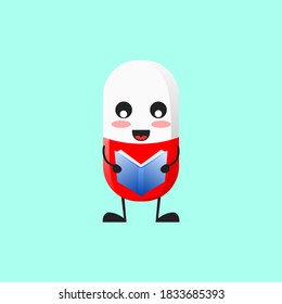 vector illustration of Cute Pill medical mascot or character reading book. Pill medical character concept.