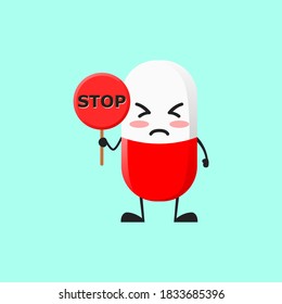 ilustración vectorial de la mascota médica Cute Pill o el signo de retención de caracteres dice stop. El concepto de carácter médico de la píldora cutánea.
