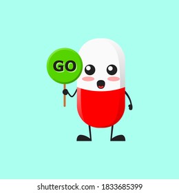 vector illustration of Cute Pill medical mascot or character holding sign says go. Cute Pill medical character concept.