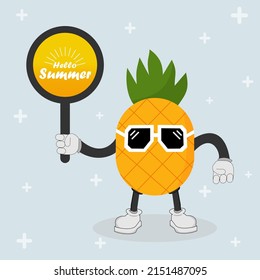 vector illustration of a cute pineapple cartoon holding a sign that says hello summer, on a light blue background and an additional plus symbol ornament. suitable for templates, and others