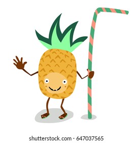 Vector illustration of cute pineapple cartoon character with cocktail tube