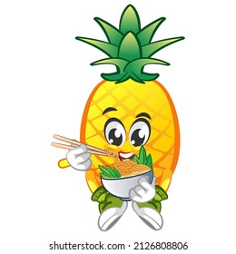 vector illustration of cute pineapple mascot character eating noodles with chopsticks