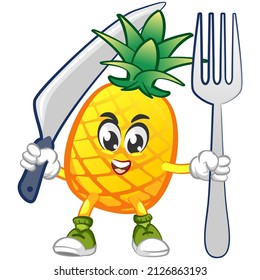 vector illustration of cute pineapple mascot character carrying a large dinner fork and knife