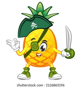 vector illustration of cute pineapple mascot character being a one-eyed pirate carrying a dagger