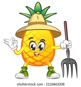 ilustración vectorial del personaje de mascota de piña lindo siendo un granjero con su herramienta de arañazos