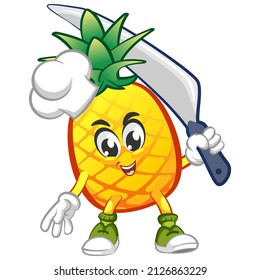 vector illustration of cute pineapple mascot character being a chef and carrying a big dinner knife