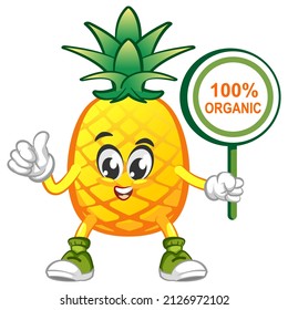ilustración vectorial del personaje de mascota de piña lindo con un cartel que dice 100% orgánico