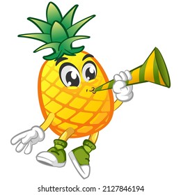 vector illustration of cute pineapple mascot character blowing the trumpet cheerfully