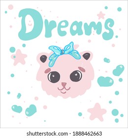 Vector illustration with cute pink animal and hand-drawn stars and dots.Suitable as postcard, cover, card, poster, decor element