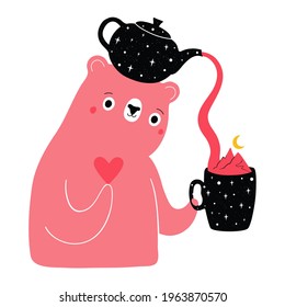 Vector illustration with cute pink bear holding teapot, heart and cup with stars. Mountain landscape with yellow moon. Trendy colored print design with wild animal