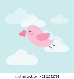 vector illustration cute pink bird flies on trouble with clouds in its beak holds heart, card. valentine's day concept, card for holiday, gift, bring valentine mail