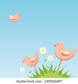 Vector illustration. Cute pink birds fly over the grass.