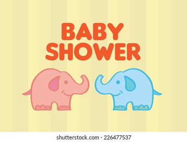 Vector illustration of cute pink and blue smiling baby elephants isolated on yellow striped background with text Baby Shower 