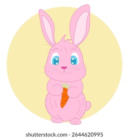 Vector illustration of a cute pink bunny holding a carrot against a yellow circle background.