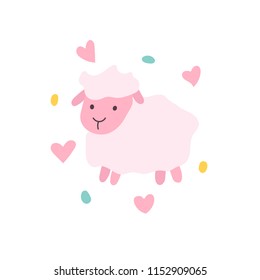 Vector illustration of cute pink cartoon sheep with hearts and dots