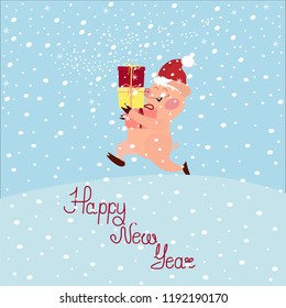 Vector illustration of a cute pink cartoon piglet in a Santa Claus hat carries presents. Isolated snowy background. Flat style.