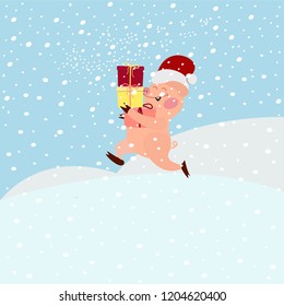 Vector illustration of a cute pink cartoon piglet in a Santa Claus hat carries presents. Isolated snowy background. Flat style.