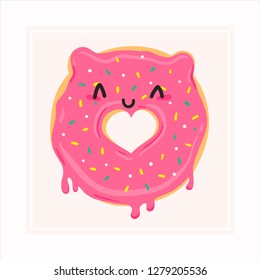 Vector illustration of cute pink cartoon donut with heart and face, can be used for valentine's day greeting cards, party invitations, posters, prints and books