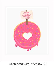 Vector illustration of cute pink cartoon donut with heart and face, can be used for valentine's day greeting cards, party invitations, posters, prints and books happy valentine's day