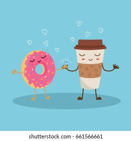 Vector illustration of cute pink cartoon donut and coffee with face on blue background, can be used for valentine's day greeting cards, wedding's day greeting cards, party invitations, posters.
