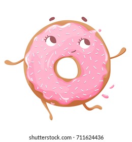 Vector illustration of cute pink cartoon donut can be used for greeting cards, party invitations, posters, prints and books. Funny donut character 