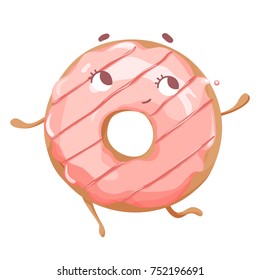 Vector illustration of cute pink cartoon donut can be used for greeting cards, party invitations, posters, prints and books. Funny donut character 
