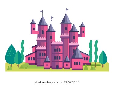 Vector illustration of a cute pink castle. Fairy illustration for children. Castle with landscape isolated in white background