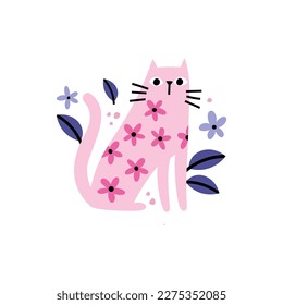 vector illustration of cute pink cat and flowers isolated, adorable textile design for children