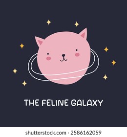 Vector illustration of a cute pink cat planet. Perfect for children’s designs, stickers, and more. The feline galaxy