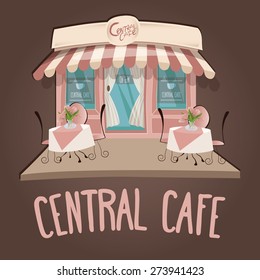 Vector illustration of cute pink Central cafe building 