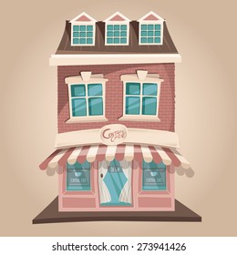 Vector illustration of cute pink Central cafe building 