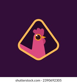 Vector illustration of a cute pink chicken. Bird character design in hand-drawn style. Simple funny hen. Head sticker 