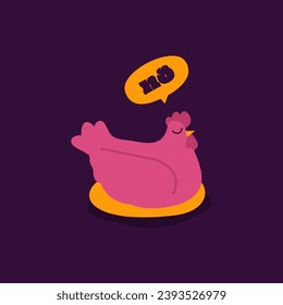 Vector illustration of a cute pink chicken sitting in the nest . Bird character design in flat hand-drawn style. Funny hen with speech bubble and word No. Farm and poultry concept. 