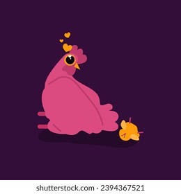 Vector illustration of a cute pink chicken looking at a small chick with love. Bird character design in flat hand drawn style. Cute hen with children. Family concept. 