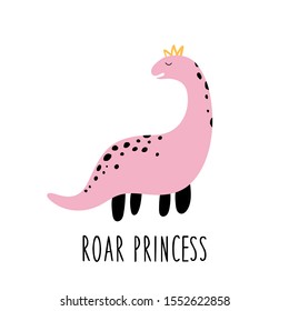 Vector illustration of a cute pink dinosaur with a crown and with the inscription roar princess. Children's card, invitation, greeting with a dinosaur. Scandinavian style dinosaur illustration.