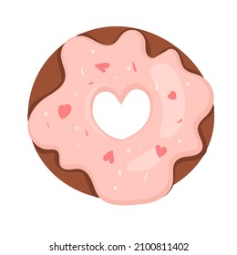 Vector illustration of a cute pink donut with a heart-shaped center and a powder of small hearts. Vector donut with pink icing isolated on white background. Valentine's Day, party invitations, posters