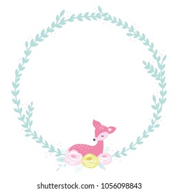 Vector illustration, cute pink fawn in a round frame of leaves