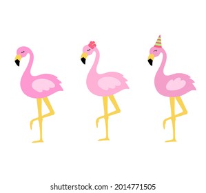 Vector illustration of cute pink flamingo with flower hibiscus on head and party hat isolated on white background. Can be used like sticker or for birthday cards and party invitations