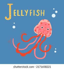 Vector illustration of cute pink jellyfish isolated in deep ocean. Sea animal underwater creature illustration