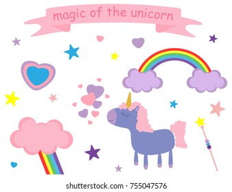 Vector illustration of cute pink and lilac unicorn, hearts, stars, clouds, rain, rainbow